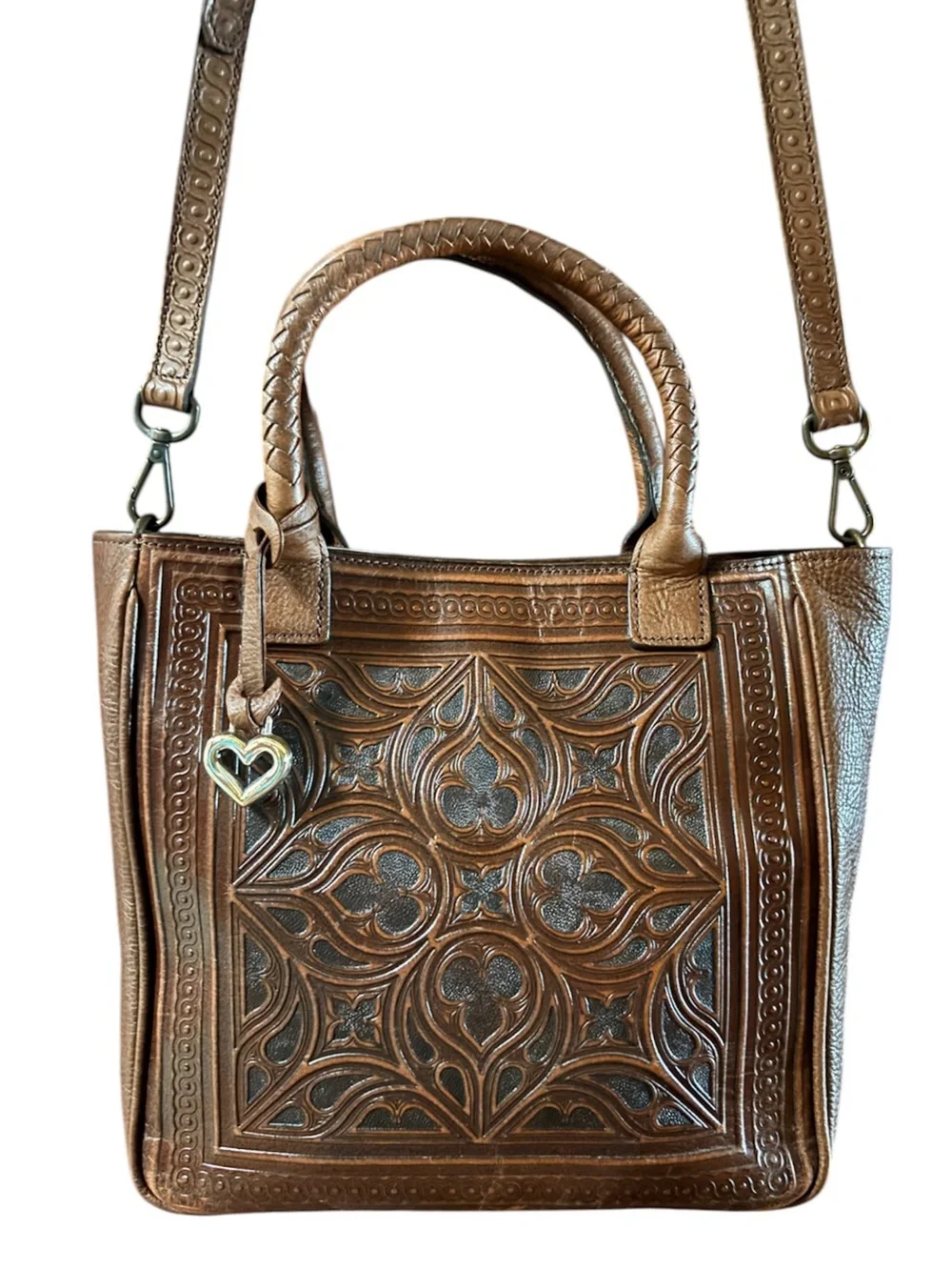 Brighton Ferrara Morella Brown Tooled Leather Tote Bag with Heart Charm
